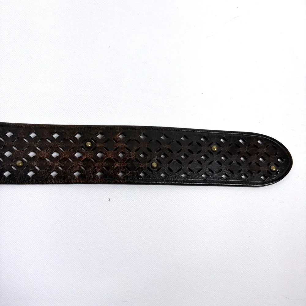 Gap Belt Dark Brown Leather Laser Cut‎ Studded Brass Buckle Wide Women L